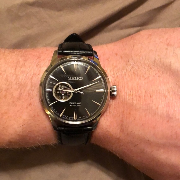 seiko men's automatic presage black leather strap watch 40.5 mm
